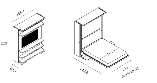 Opklapbed LGM 2.0 tech C uitbreiding met tv BedHabits